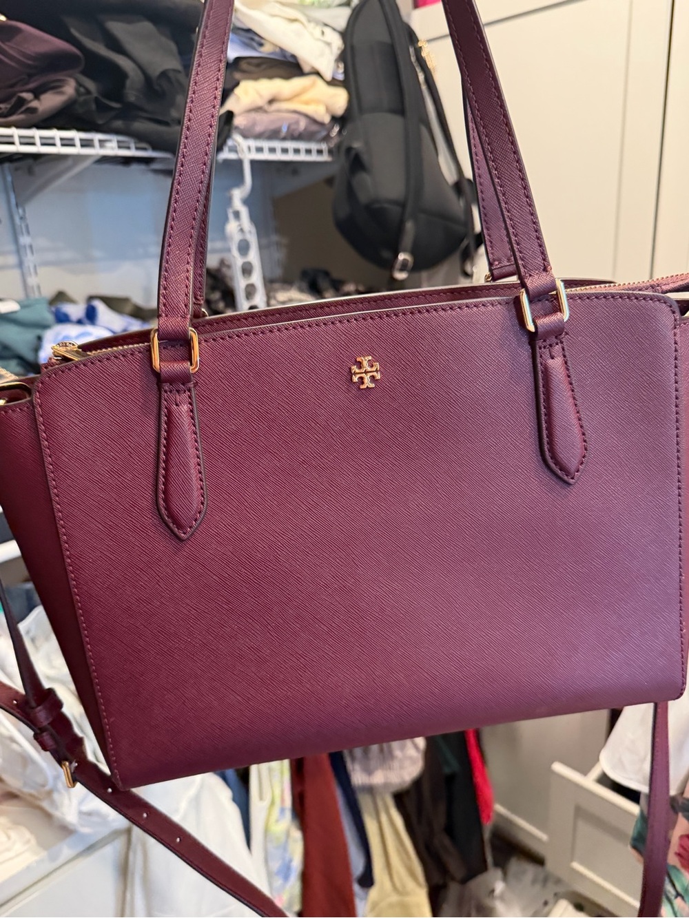 Tory Burch Plum Saffiano Leather Shoulder Bag with Gold Hardware